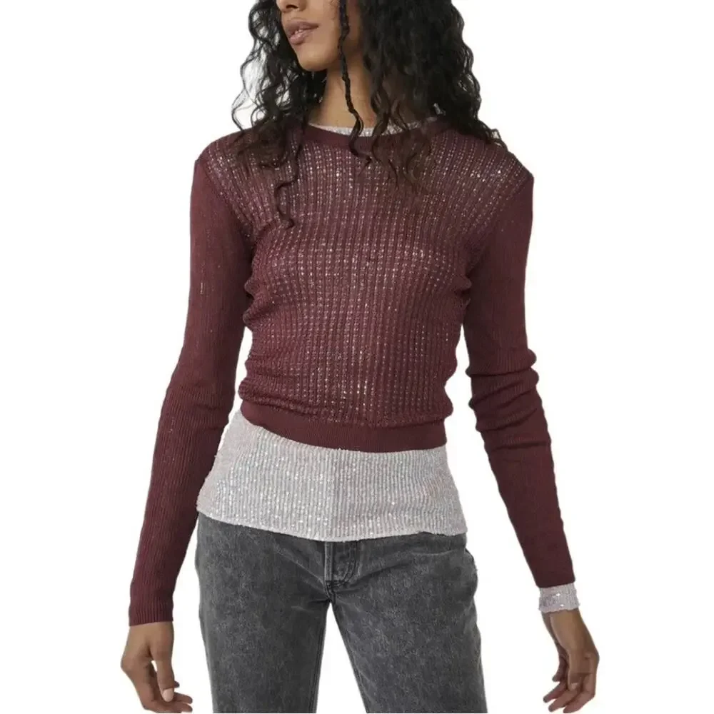 Free People NWT H20 Crew Pull Over Raw Garnet Knit Top